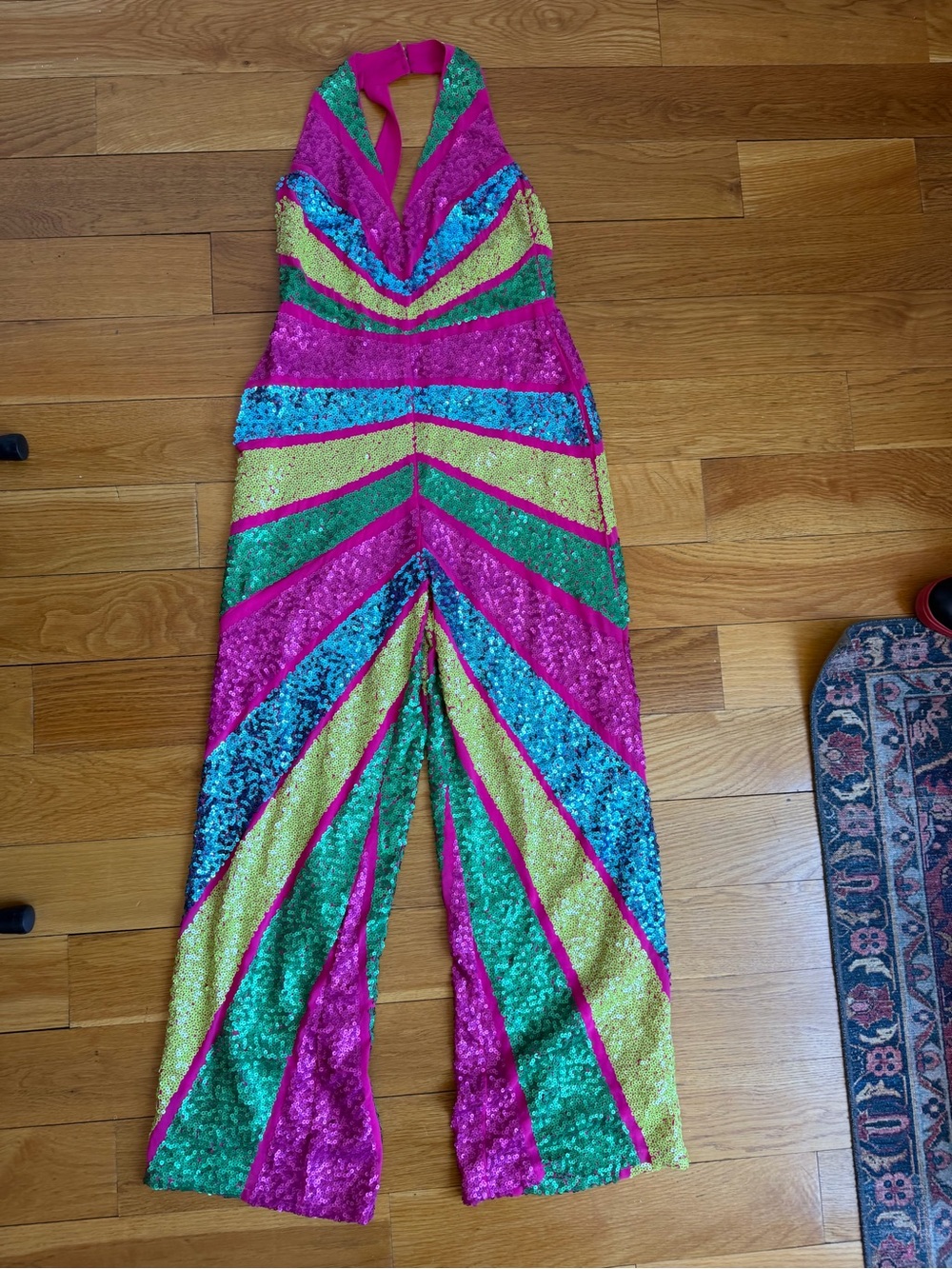 FUN Sparkly Sequin Halter Jumpsuit in Fuchsia, Teal & Lime